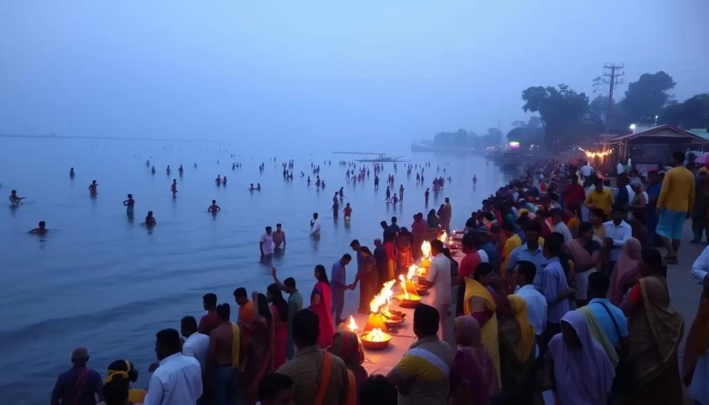 Generate an image of devotees gathered at the riverbank in Navanna, Tripura, during Ganga Puja, with traditional rituals being performed.