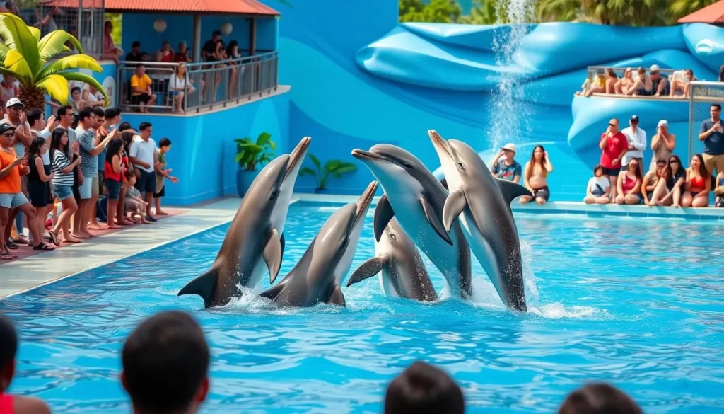 Generate an image of dolphins performing tricks at the Pattaya Dolphinarium.