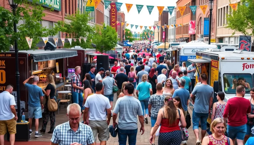 Generate an image of downtown Ames during 515 Week, with live music performances, food trucks, and community activities.
