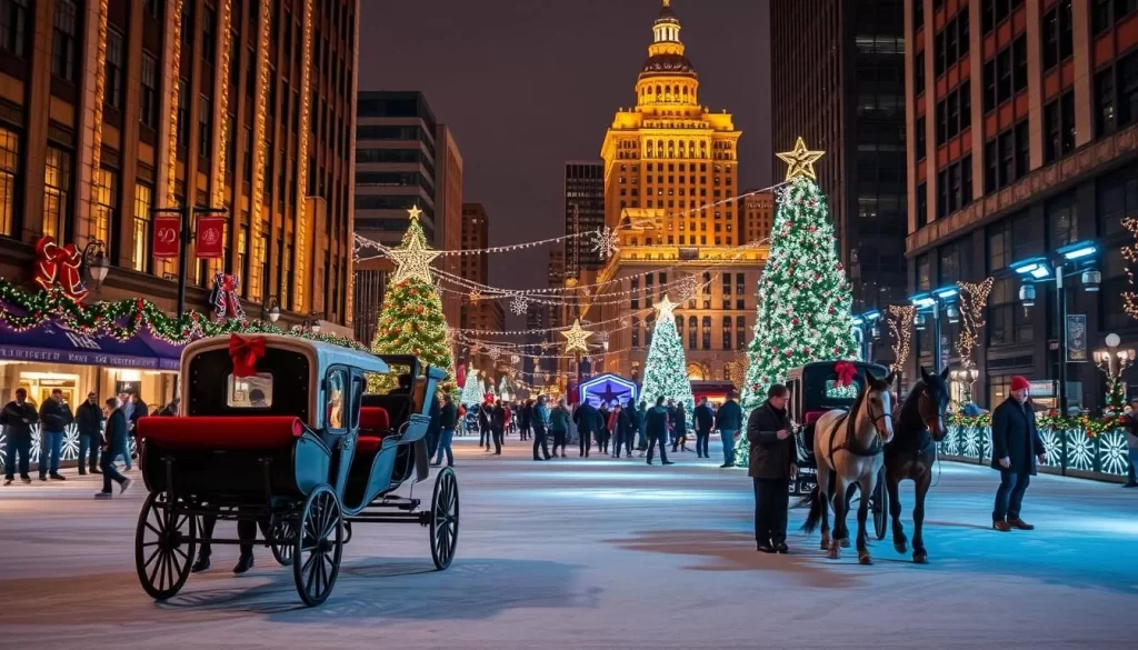 Generate an image of downtown Omaha aglow with holiday lights, featuring ice skating, horse-drawn carriage rides, and festive atmosphere.