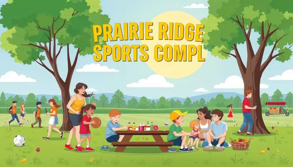 Generate an image of families enjoying a day at Prairie Ridge Sports Complex.