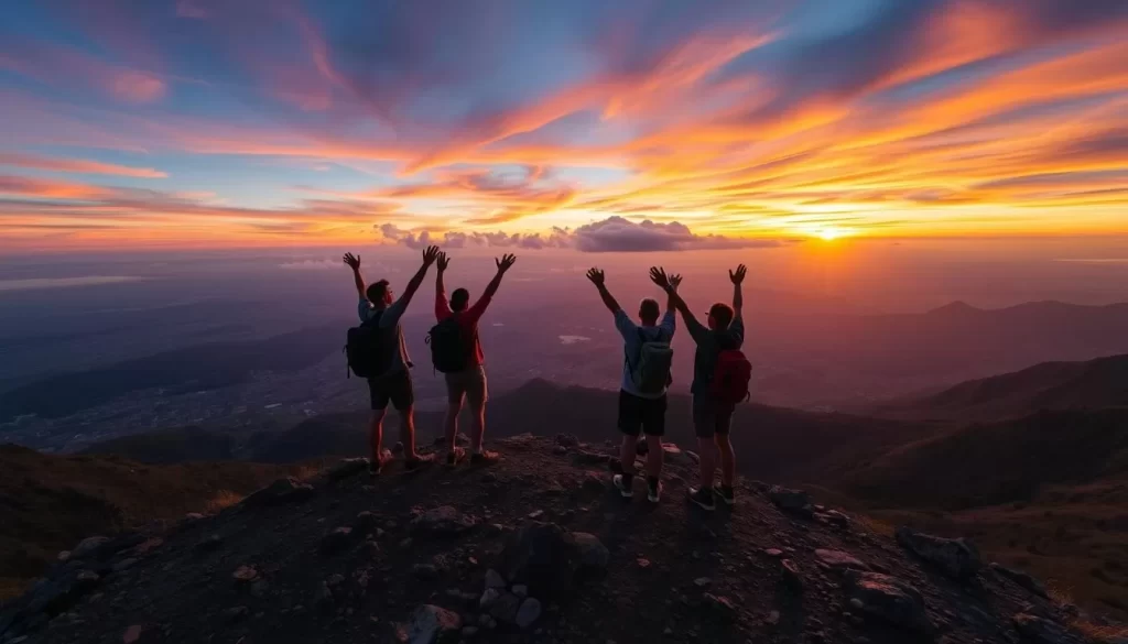 Generate an image of hikers at the summit of Mirongo Hill during sunset, capturing the panoramic views.