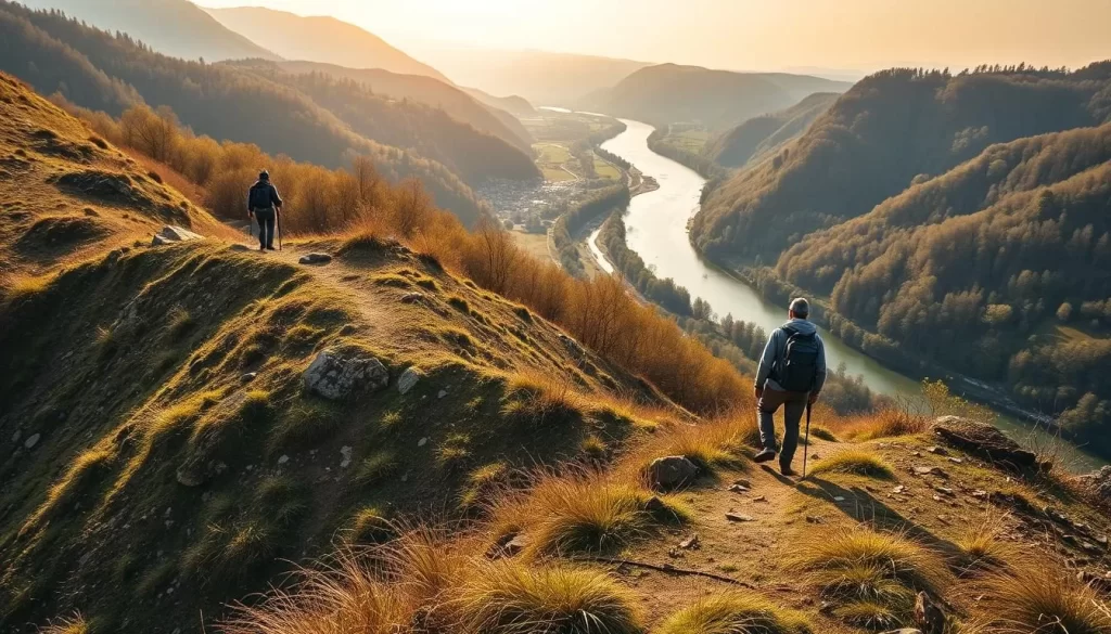 Generate an image of hikers on the Eschnerberg Trail with the Rhine River in the background.