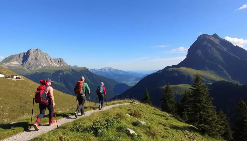 Generate an image of hikers on the Liechtenstein Trail in Balzers, with the picturesque landscape of Liechtenstein in the background.