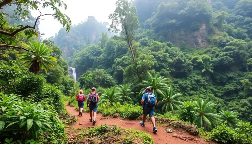 Generate an image of hikers on the Pa La-U Waterfall trail, surrounded by dense jungle and spotting wildlife.