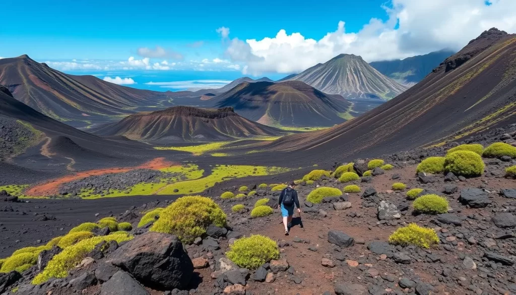 Generate an image of hikers on the volcanic terrain of Central Island National Park