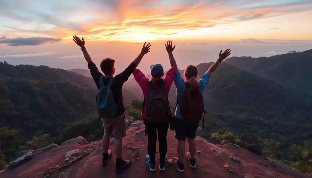 Generate an image of hikers reaching the Bohey Dulang viewpoint at sunrise.