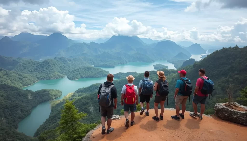 Generate an image of hikers reaching the Krai Sorn Viewpoint in Khao Sok National Park, with a breathtaking view of Cheow Lan Lake.