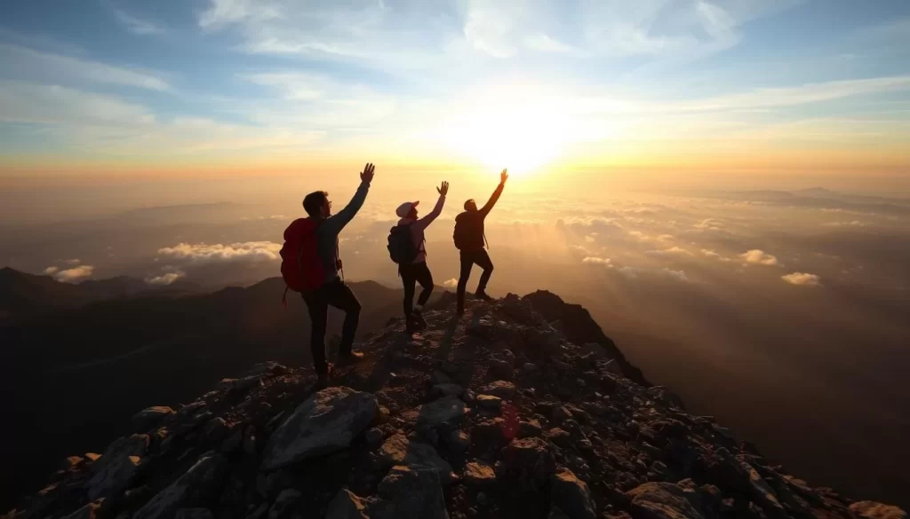Generate an image of hikers reaching the summit of Gunung Datuk at sunrise.