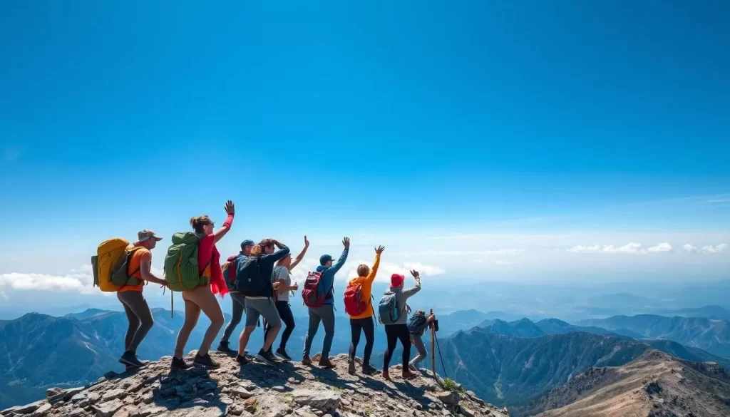 Generate an image of hikers reaching the summit of Mount Ramelau