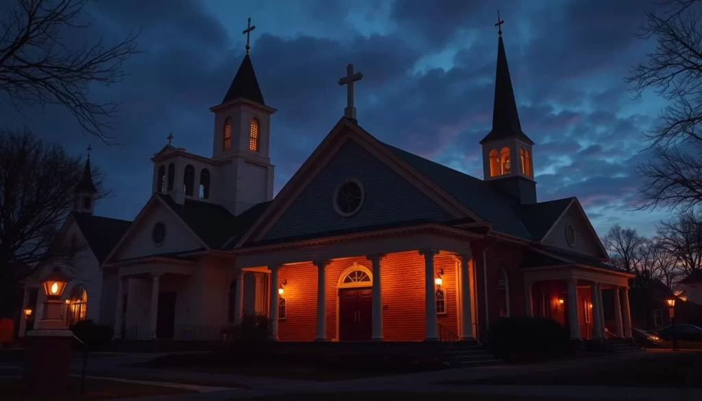 Generate an image of historic houses of worship in Frederick County lit by candles