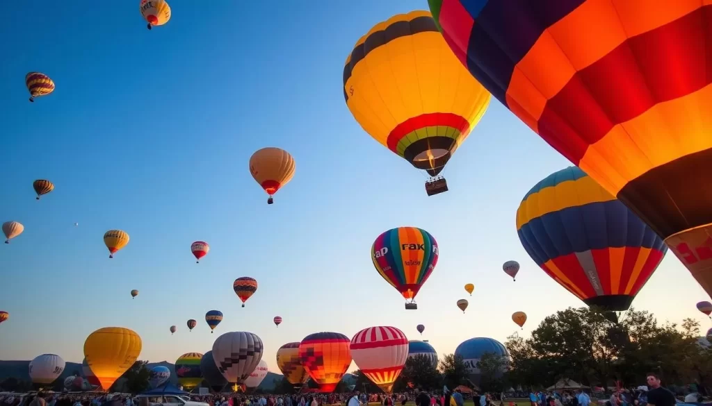Generate an image of hot air balloons taking off during the Falls City Hot Air Balloon Festival.