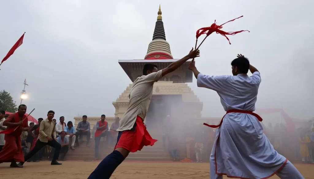 Generate an image of martial arts performances at Dhauli Shanti Stupa during Kalinga Mahotsav