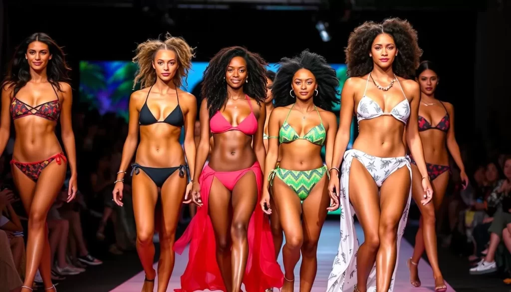 Generate an image of models walking down a catwalk wearing stylish swimwear at Miami Swim Week.