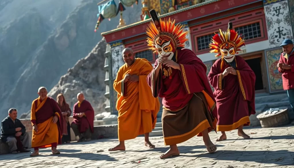 Generate an image of monks performing sacred mask dances in a Ladakhi monastery.