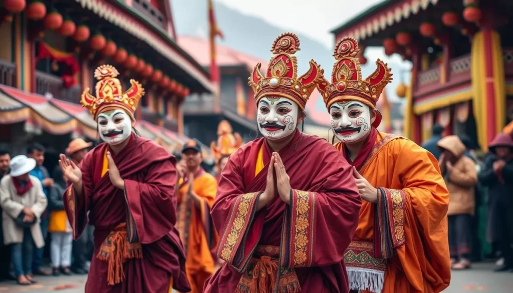 Generate an image of monks performing the "Chaam" dance during Losoong in Sikkim.