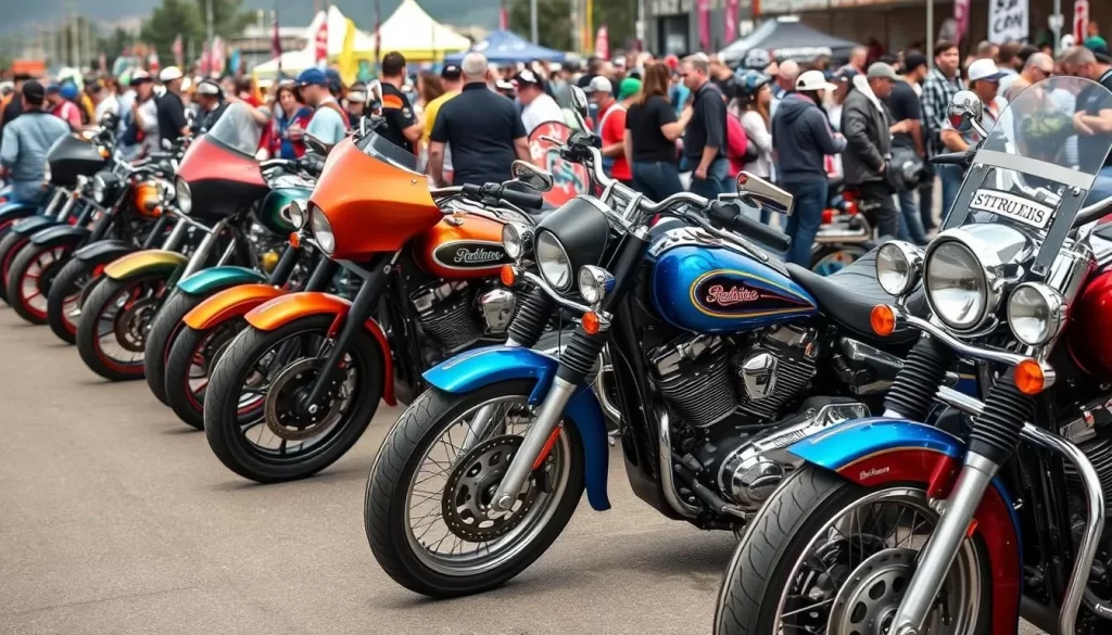 Generate an image of motorcycles lined up at the Sturgis Motorcycle Rally
