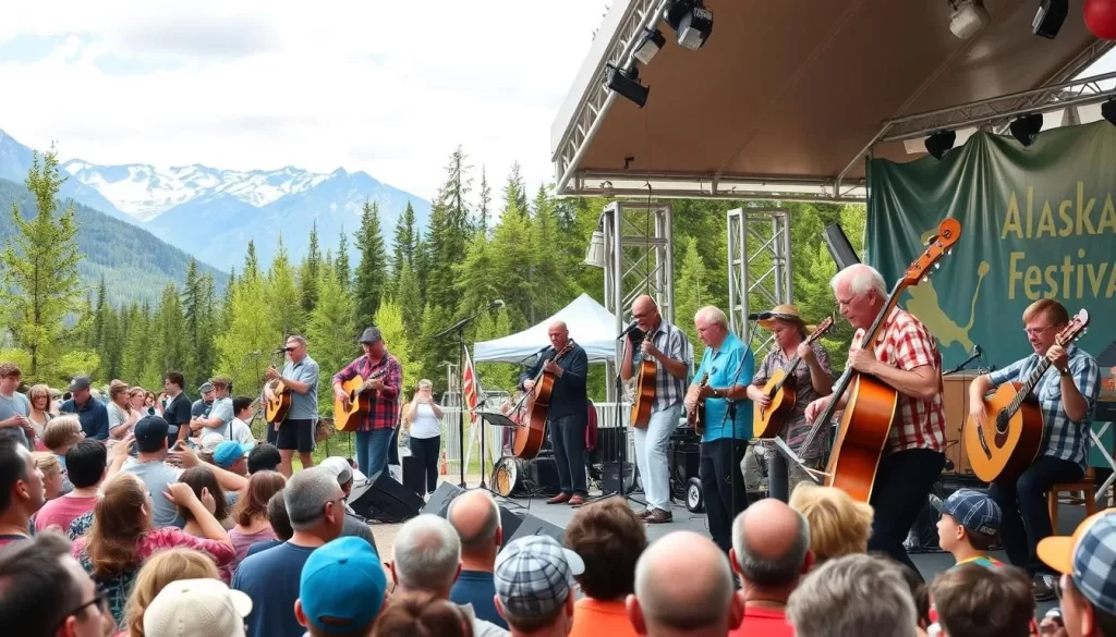 Generate an image of musicians performing at the Alaska Folk Festival in Juneau.