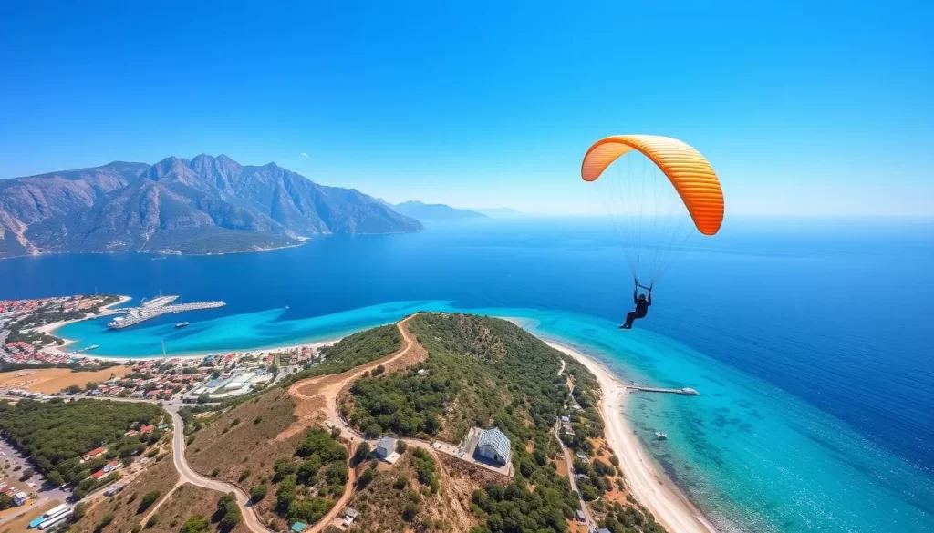 Generate an image of paragliders soaring above the turquoise waters of Ölüdeniz, with Babadağ Mountain in the background.