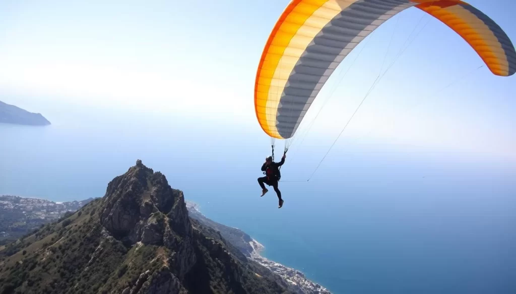 Generate an image of paragliders soaring over Babadağ Mountain with the sea in the background.