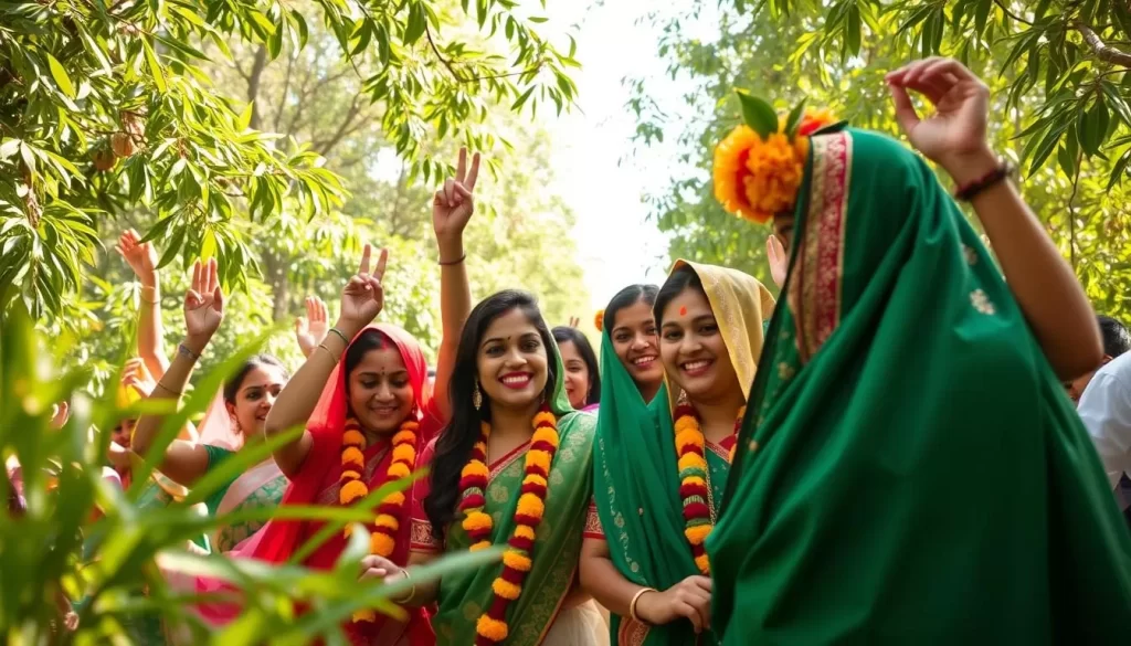 Generate an image of people celebrating Harela with greenery and traditional attire.