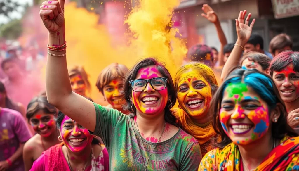 Generate an image of people celebrating Holi in Maharashtra with vibrant colors and joyous expressions.