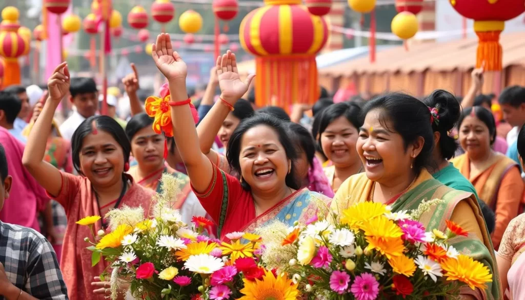 Generate an image of people celebrating Yaoshang in Manipur, with colors and flowers.