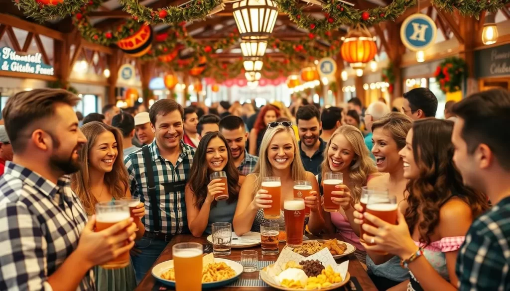 Generate an image of people celebrating at Tulsa Oktoberfest with German beer and food