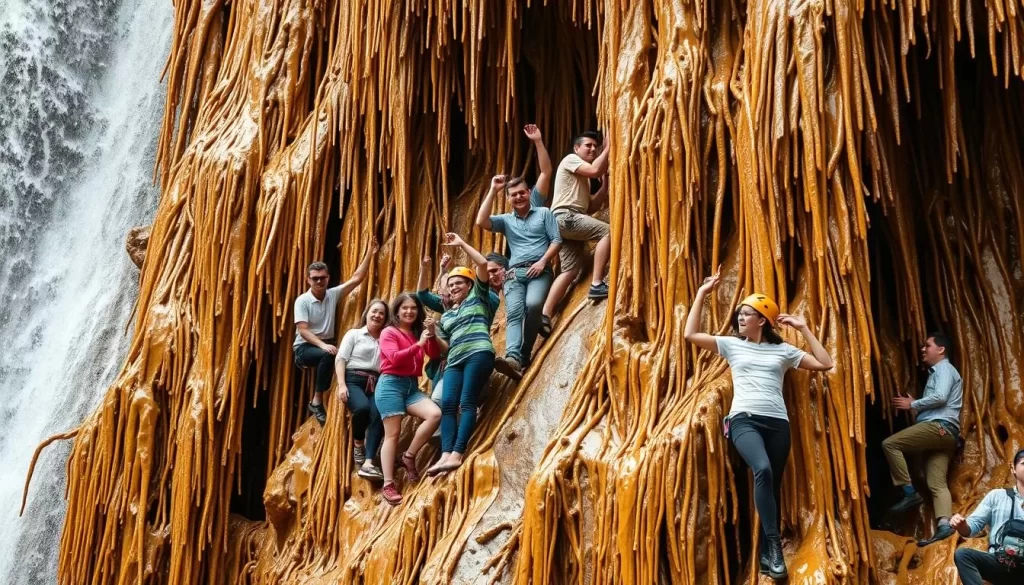 Generate an image of people climbing the Sticky Waterfalls.