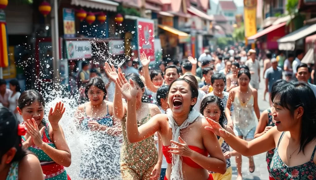 Generate an image of people engaging in a friendly water fight in the streets of Luang Prabang during Pi Mai Lao.