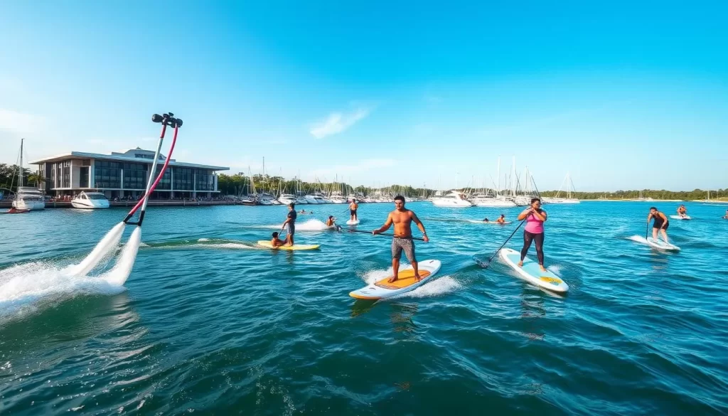 Generate an image of people engaging in various water sports at Marina Putrajaya, such as flyboarding and stand-up paddleboarding.