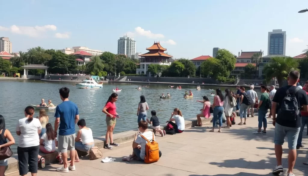 Generate an image of people enjoying activities around Hoan Kiem Lake on a weekend