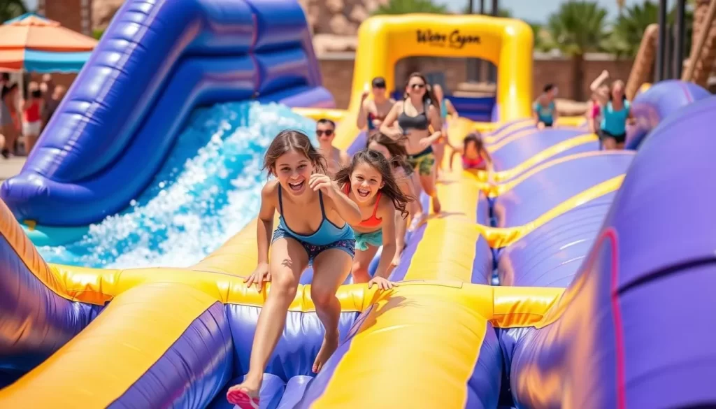 Generate an image of people enjoying inflatable obstacle courses at Grand Canyon Water Park.