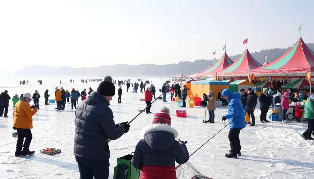 Generate an image of people ice fishing on a frozen lake at the Hwacheon Sancheoneo Ice Festival.
