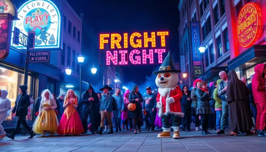 Generate an image of people in costume at the Fright Night Halloween event in downtown Fort Wayne.