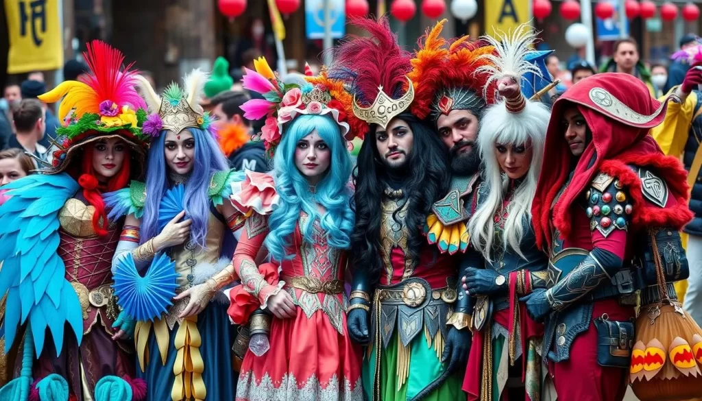 Generate an image of people in elaborate costumes at Fantasy Fest.