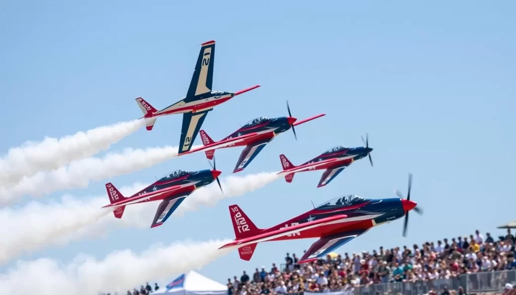 Generate an image of planes performing aerobatic stunts at the Pensacola Beach Air Show.