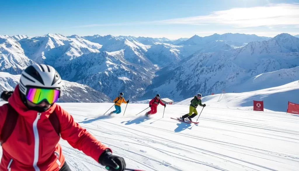 Generate an image of skiers competing in the Arslanbob Ski Challenge, surrounded by snow-capped mountains.