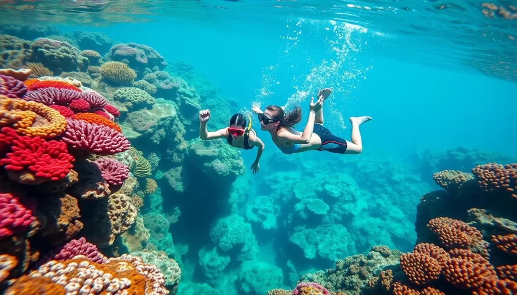 Generate an image of snorkelers exploring the vibrant coral gardens of Pom Pom Island