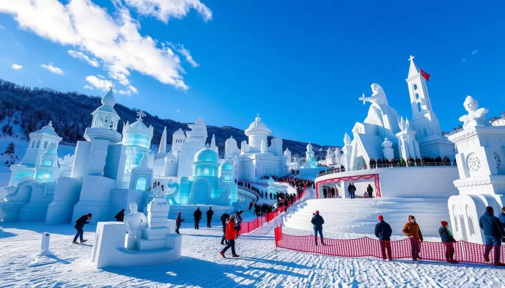 Generate an image of snow and ice sculptures at the Taebaeksan Mountain Snow Festival.
