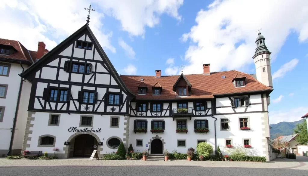 Generate an image of the 14th-century Pfrundhaus building in Eschen, Liechtenstein, showcasing its architectural charm.