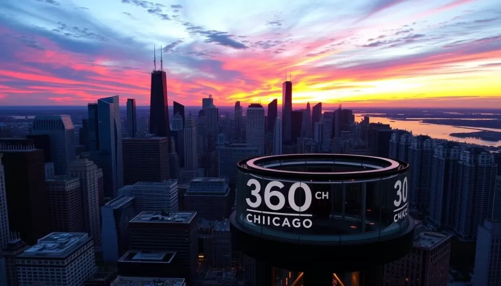 Generate an image of the 360 CHICAGO Observation Deck at sunset with the Chicago skyline.