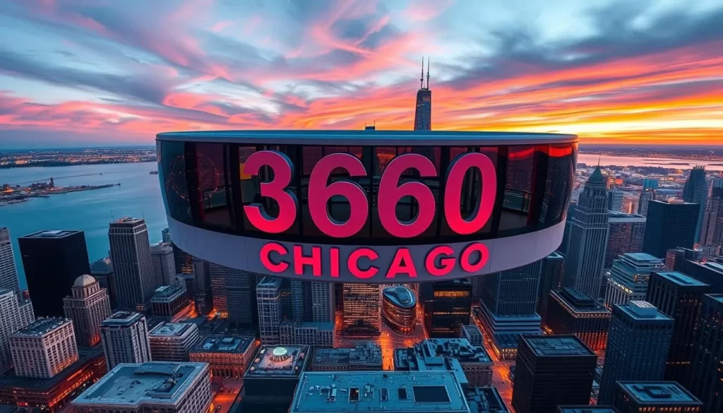 Generate an image of the 360 Chicago Observation Deck with the Chicago skyline.