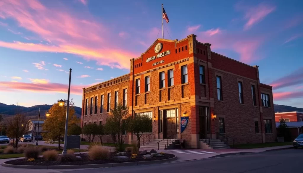 Generate an image of the Adams Museum in Deadwood, showcasing its historic facade and surrounding landscape.
