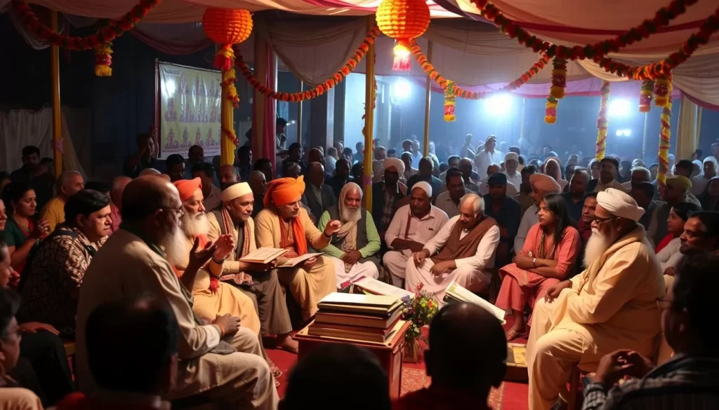 Generate an image of the Akhil Bhartiya Kalidas Samaroh festival in Ujjain, showcasing poets and writers gathered for a literary event.