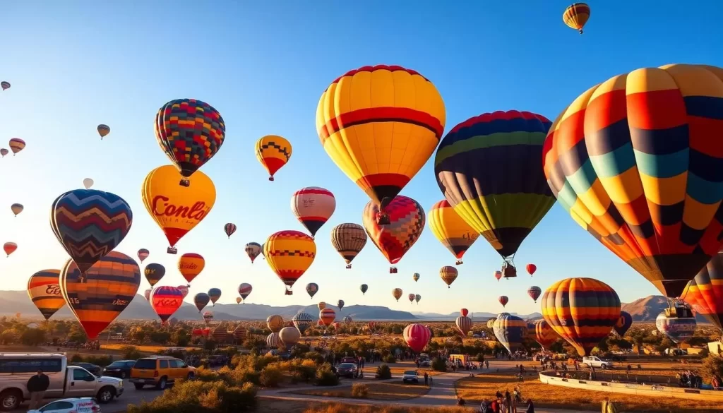 Generate an image of the Albuquerque International Balloon Fiesta with multiple hot air balloons in the sky.