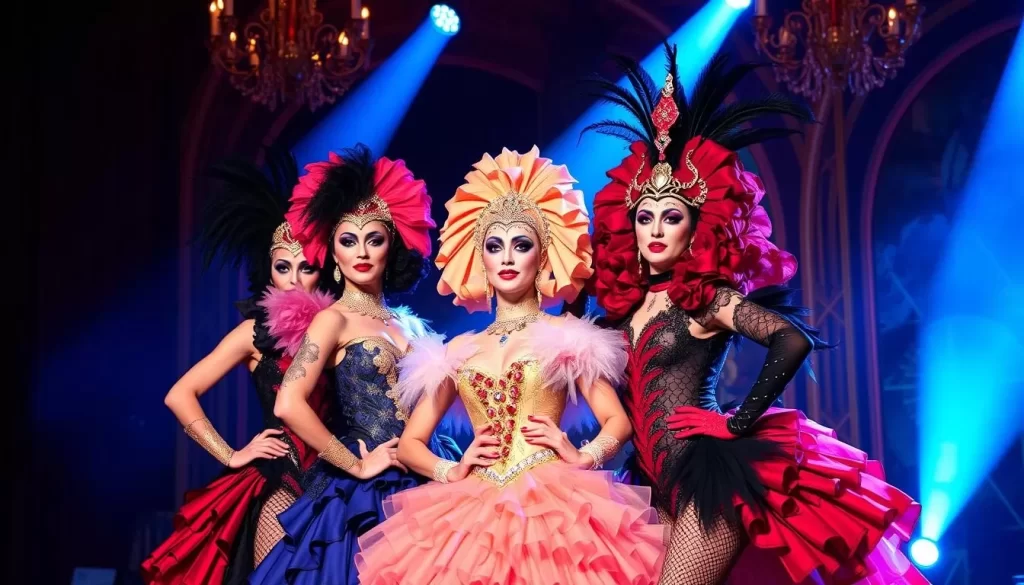 Generate an image of the Alcazar Cabaret Show performers in stunning costumes and makeup.