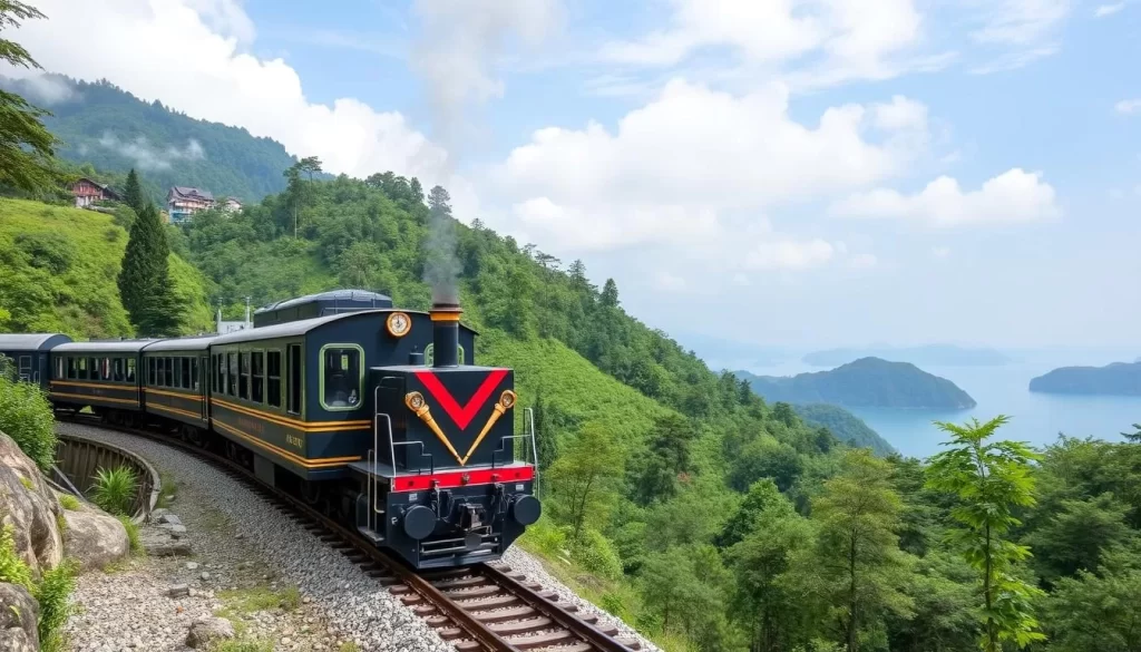 Generate an image of the Alishan Forest Railway train chugging along a mountainous track with lush greenery and a serene lake in the background.
