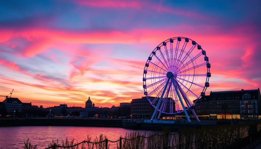 Generate an image of the AmberSky Ferris Wheel in Gdańsk, Poland, at sunset with the city lights twinkling.