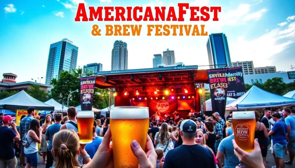 Generate an image of the AmericanaFest and Nashville Brew Festival, showcasing live music and craft beer.